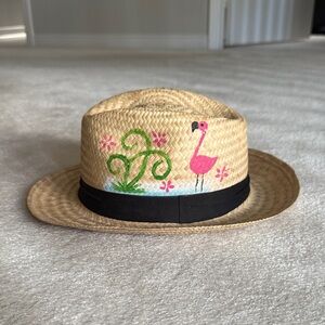 Straw Hat with hand painted Flamingo Design